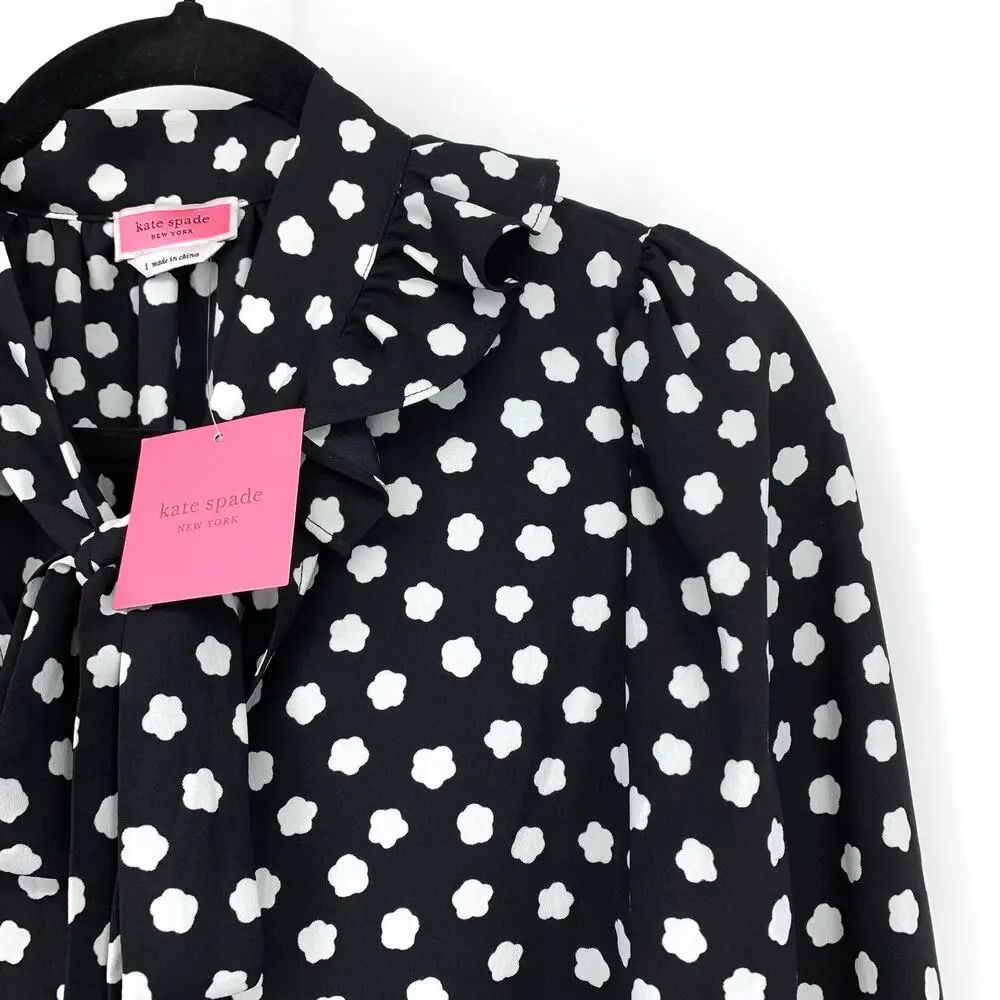 Kate Spade Cloud Dot Blouse Womens Size Small Ruffle Tie Neck Black White NEW